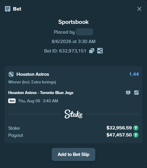 Bet slip: Houston Astros - Toronto Blue Jays, $32,989.55 stake at 1.44 odds, placed by GoodVibes1