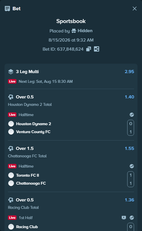Bet slip: Houston Dynamo 2 - Ventura County FC, $17,308.72 stake at 1.40 odds, placed by Hidden