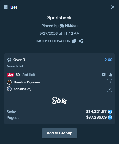 Bet slip: Houston Dynamo - Kansas City, $14,321.57 stake at 2.60 odds, placed by Hidden