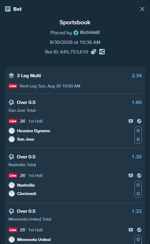 Bet slip: Houston Dynamo - San Jose, $10,000.00 stake at 1.60 odds, placed by RichHalif