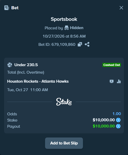 Bet slip: Houston Rockets - Atlanta Hawks, $10,000.00 stake at 1.83 odds, placed by Hidden