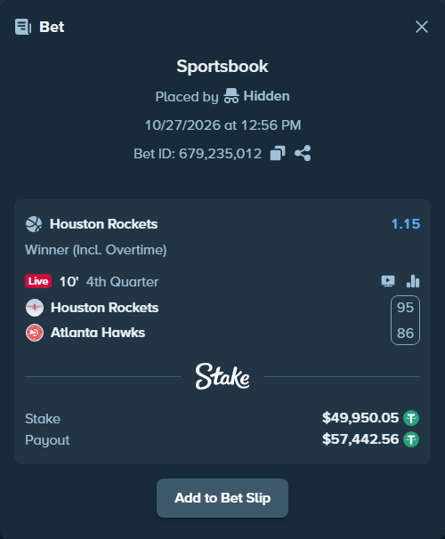 Bet slip: Houston Rockets - Atlanta Hawks, $50,000.00 stake at 1.15 odds, placed by sumadroso
