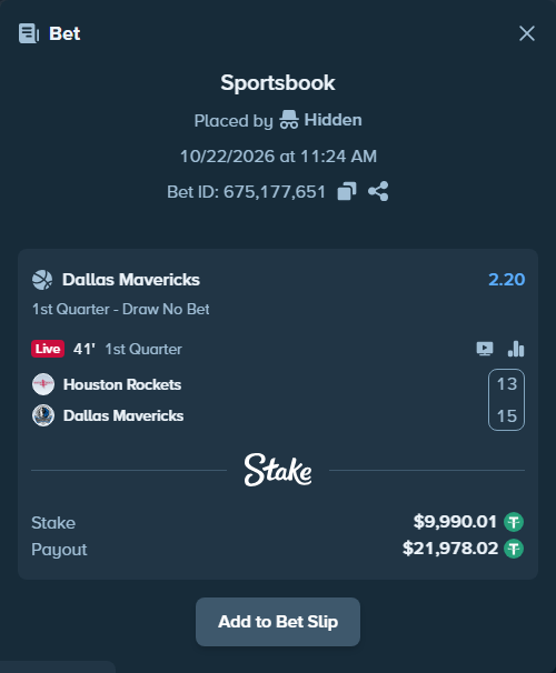 Bet slip: Houston Rockets - Dallas Mavericks, $10,000.00 stake at 2.20 odds, placed by Zackocracko26