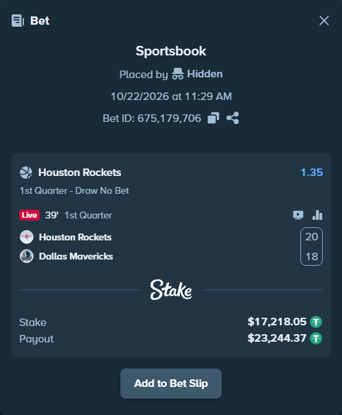 Bet slip: Houston Rockets - Dallas Mavericks, $17,235.27 stake at 1.35 odds, placed by Hidden