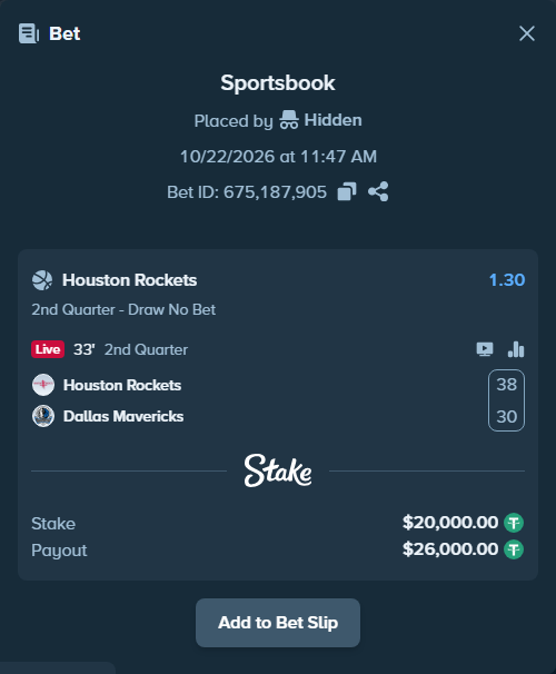 Bet slip: Houston Rockets - Dallas Mavericks, $20,020.00 stake at 1.30 odds, placed by Hidden