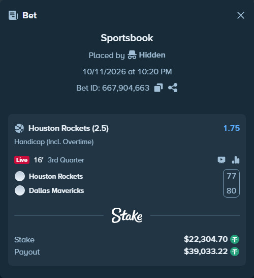 Bet slip: Houston Rockets - Dallas Mavericks, $22,327.00 stake at 1.75 odds, placed by Hidden