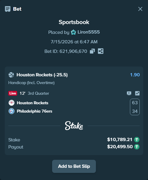 Bet slip: Houston Rockets - Philadelphia 76ers, $10,800.00 stake at 1.90 odds, placed by Liron5555