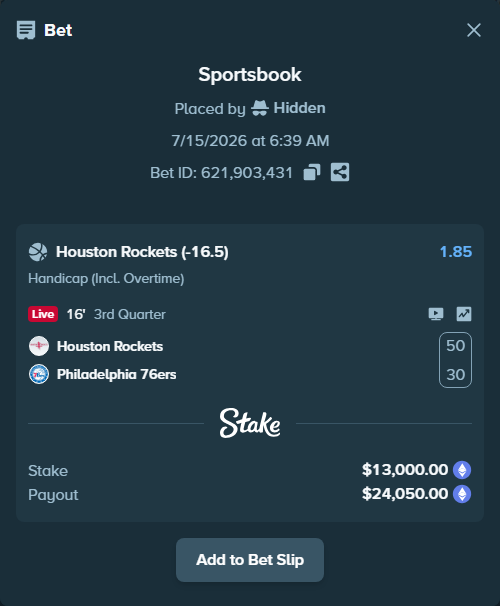 Bet slip: Houston Rockets - Philadelphia 76ers, $13,197.19 stake at 1.85 odds, placed by Hidden