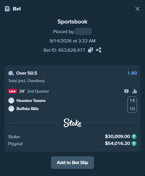 Bet slip: Houston Texans - Buffalo Bills, $30,000.00 stake at 1.80 odds, placed by ayoflasher