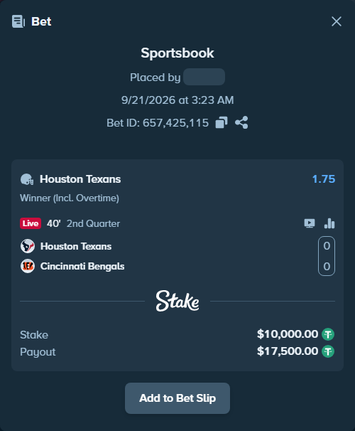 Bet slip: Houston Texans - Cincinnati Bengals, $10,000.00 stake at 1.75 odds, placed by jarosbet
