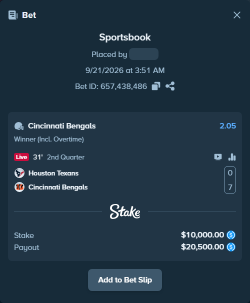 Bet slip: Houston Texans - Cincinnati Bengals, $10,000.00 stake at 2.05 odds, placed by Lybivsk25