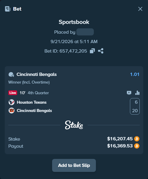 Bet slip: Houston Texans - Cincinnati Bengals, $16,215.80 stake at 1.01 odds, placed by megah29
