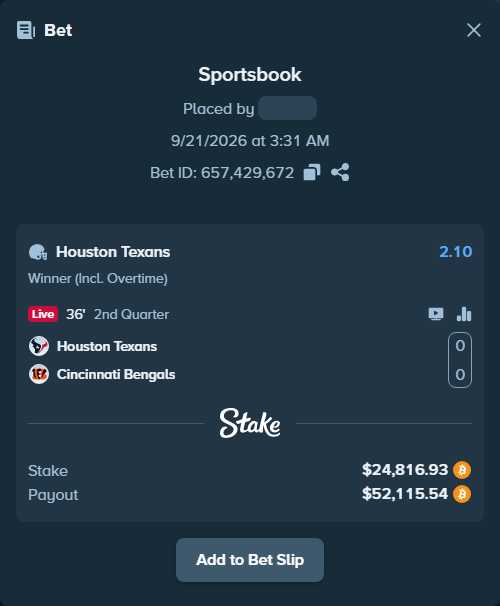 Bet slip: Houston Texans - Cincinnati Bengals, $24,834.02 stake at 2.10 odds, placed by Atte90