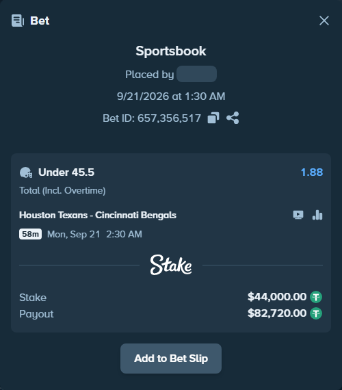 Bet slip: Houston Texans - Cincinnati Bengals, $44,000.00 stake at 1.88 odds, placed by dvento
