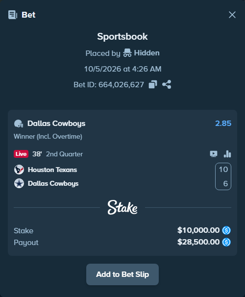 Bet slip: Houston Texans - Dallas Cowboys, $10,000.00 stake at 2.85 odds, placed by Hidden
