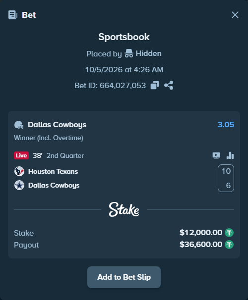 Bet slip: Houston Texans - Dallas Cowboys, $12,000.00 stake at 3.05 odds, placed by Oen1
