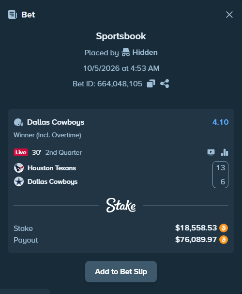 Bet slip: Houston Texans - Dallas Cowboys, $18,829.93 stake at 4.10 odds, placed by Atte90