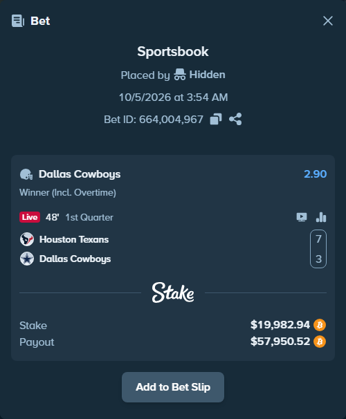 Bet slip: Houston Texans - Dallas Cowboys, $20,198.11 stake at 2.90 odds, placed by TommyB74