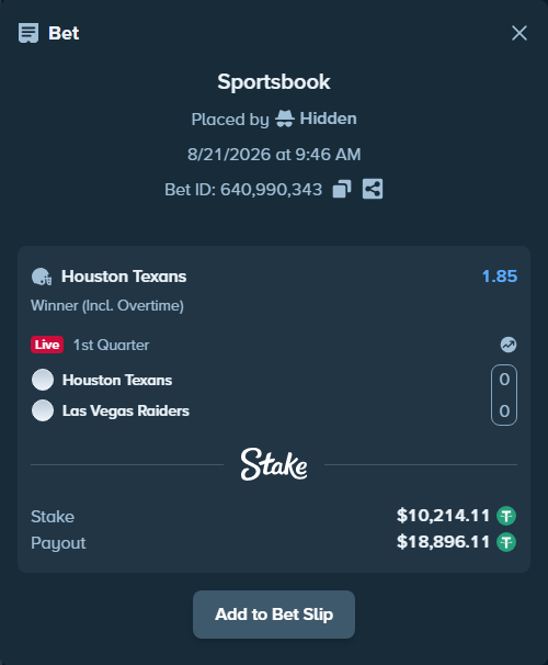 Bet slip: Houston Texans - Las Vegas Raiders, $10,214.11 stake at 1.85 odds, placed by Hidden