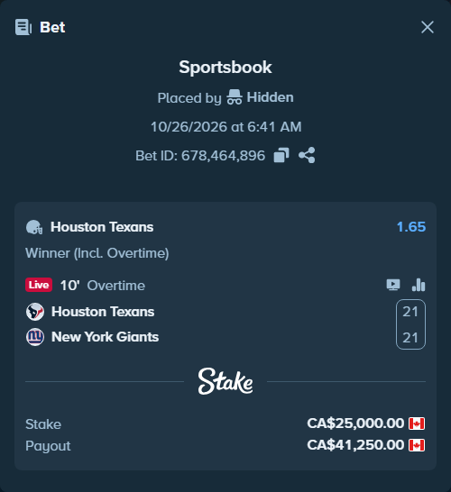 Bet slip: Houston Texans - New York Giants, $18,500.00 stake at 1.65 odds, placed by Hidden