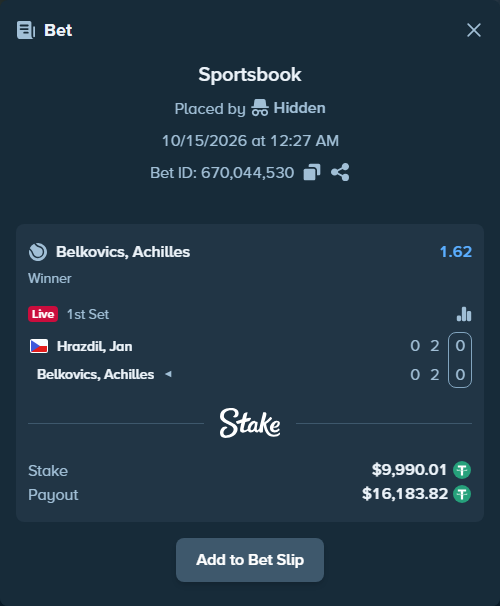 Bet slip: Hrazdil, Jan - Belkovics, Achilles, $10,000.00 stake at 1.62 odds, placed by Hidden