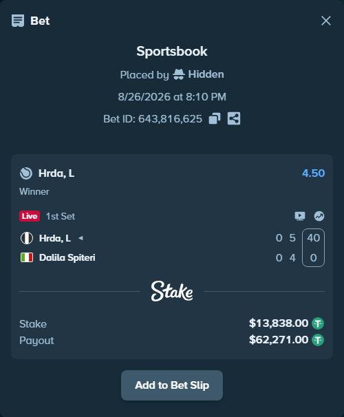 Bet slip: Hrda, L - Dalila Spiteri, $13,838.00 stake at 4.50 odds, placed by Hidden