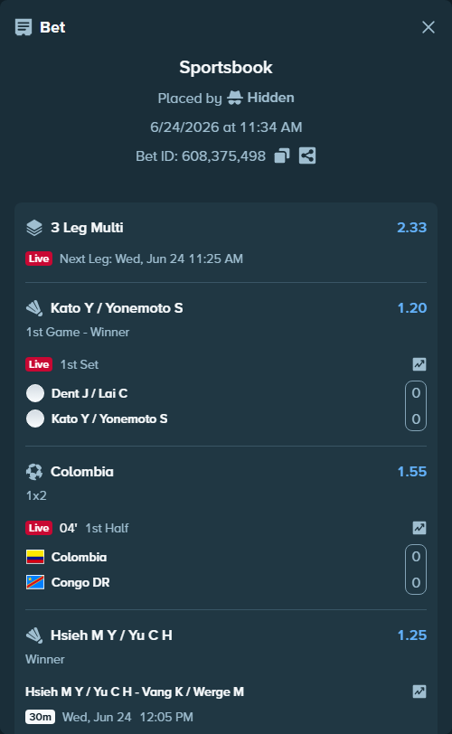 Bet slip: Hsieh M Y / Yu C H - Vang K / Werge M, $39,380.46 stake at 1.25 odds, placed by Hidden