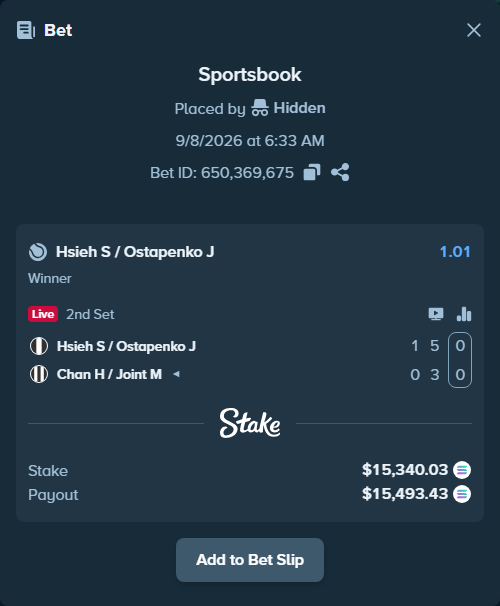 Bet slip: Hsieh S-W / Ostapenko J - Chan H / Joint M, $15,272.13 stake at 1.01 odds, placed by Hidden