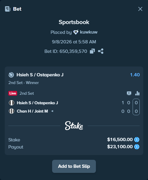 Bet slip: Hsieh S-W / Ostapenko J - Chan H / Joint M, $16,500.00 stake at 1.40 odds, placed by kuwkuw
