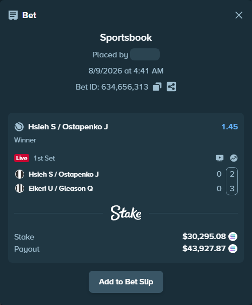 Bet slip: Hsieh S-W / Ostapenko J - Eikeri U / Gleason Q, $30,321.56 stake at 1.45 odds, placed by HOPLAND4