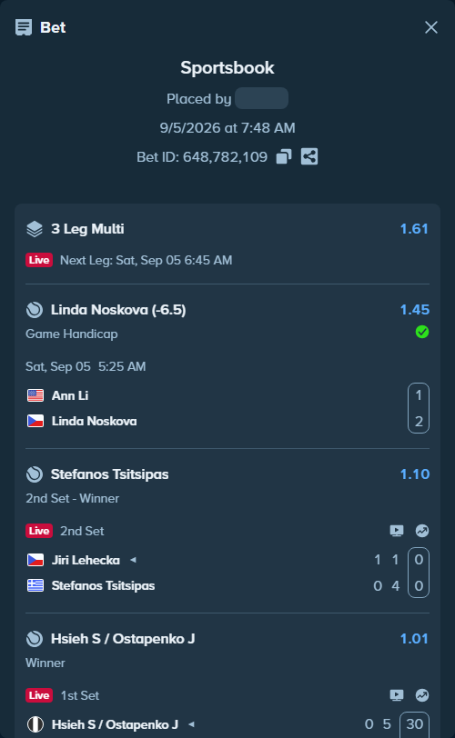 Bet slip: Hsieh S-W / Ostapenko J - Jurak Schreiber D / Ruzic A, $10,000.00 stake at 1.01 odds, placed by djasif000