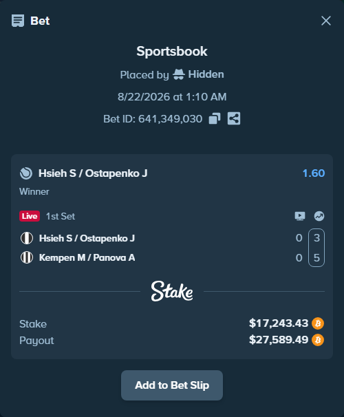 Bet slip: Hsieh S-W / Ostapenko J - Kempen M / Panova A, $17,448.03 stake at 1.60 odds, placed by Hidden