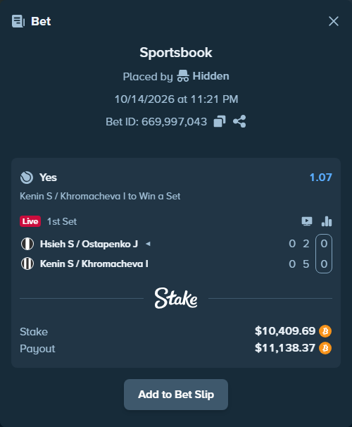 Bet slip: Hsieh S-W / Ostapenko J - Kenin S / Khromacheva I, $10,405.61 stake at 1.07 odds, placed by Hidden