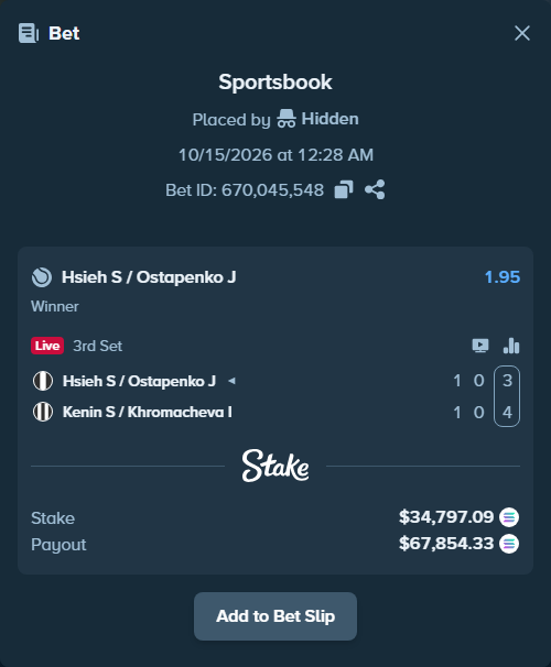 Bet slip: Hsieh S-W / Ostapenko J - Kenin S / Khromacheva I, $34,054.97 stake at 1.95 odds, placed by Prettylfacko98
