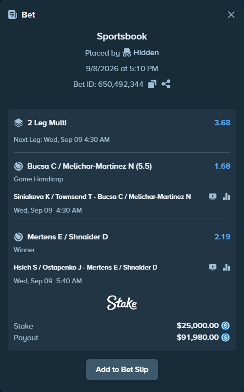 Bet slip: Hsieh S-W / Ostapenko J - Mertens E / Shnaider D, $25,000.00 stake at 2.19 odds, placed by Hidden