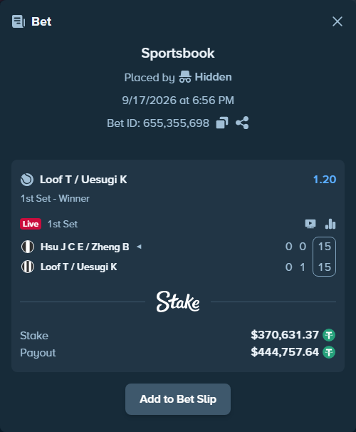 Bet slip: Hsu J C E / Zheng B - Loof T / Uesugi K, $371,002.00 stake at 1.20 odds, placed by Hidden