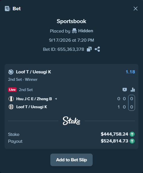 Bet slip: Hsu J C E / Zheng B - Loof T / Uesugi K, $445,203.00 stake at 1.18 odds, placed by Hidden