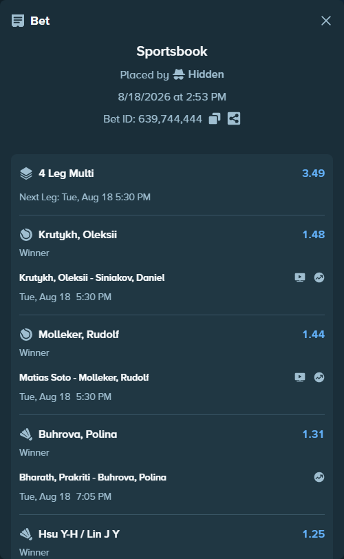 Bet slip: Hsu Y-H / Lin J Y - Chang C H / Yang C T, $25,000.00 stake at 1.25 odds, placed by Hidden