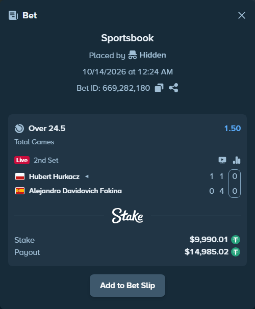 Bet slip: Hubert Hurkacz - Alejandro Davidovich Fokina, $10,000.00 stake at 1.50 odds, placed by lunarfox