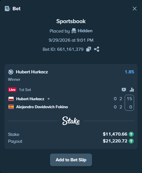 Bet slip: Hubert Hurkacz - Alejandro Davidovich Fokina, $11,470.66 stake at 1.85 odds, placed by Hidden