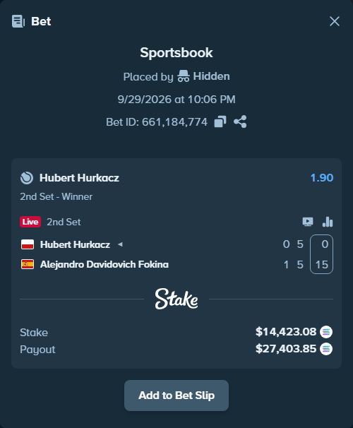 Bet slip: Hubert Hurkacz - Alejandro Davidovich Fokina, $18,000.00 stake at 1.90 odds, placed by Hidden