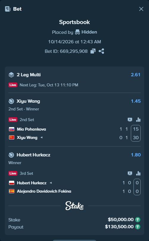 Bet slip: Hubert Hurkacz - Alejandro Davidovich Fokina, $50,050.00 stake at 1.80 odds, placed by Hidden