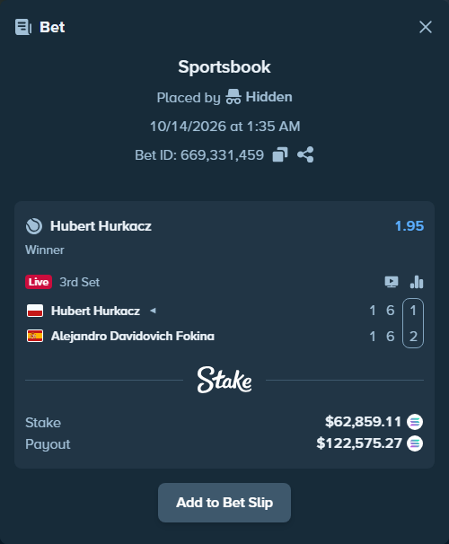 Bet slip: Hubert Hurkacz - Alejandro Davidovich Fokina, $62,955.05 stake at 1.95 odds, placed by Prettylfacko98