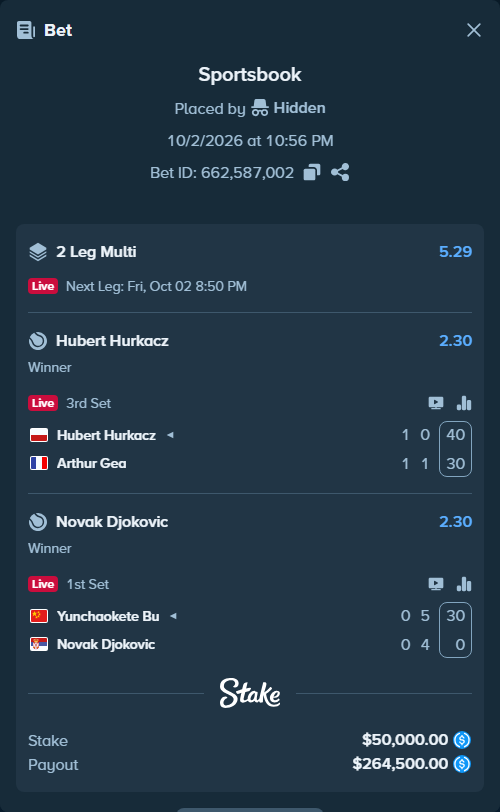 Bet slip: Hubert Hurkacz - Arthur Gea, $50,000.00 stake at 2.30 odds, placed by Hidden