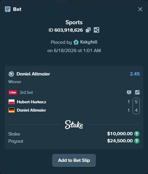 Bet slip: Hubert Hurkacz - Daniel Altmaier, $10,010.00 stake at 2.45 odds, placed by Kskyfall