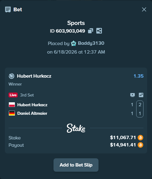 Bet slip: Hubert Hurkacz - Daniel Altmaier, $10,476.59 stake at 1.35 odds, placed by Baddy3130