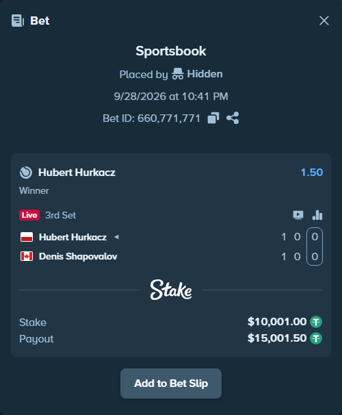 Bet slip: Hubert Hurkacz - Denis Shapovalov, $10,000.00 stake at 1.50 odds, placed by Hidden