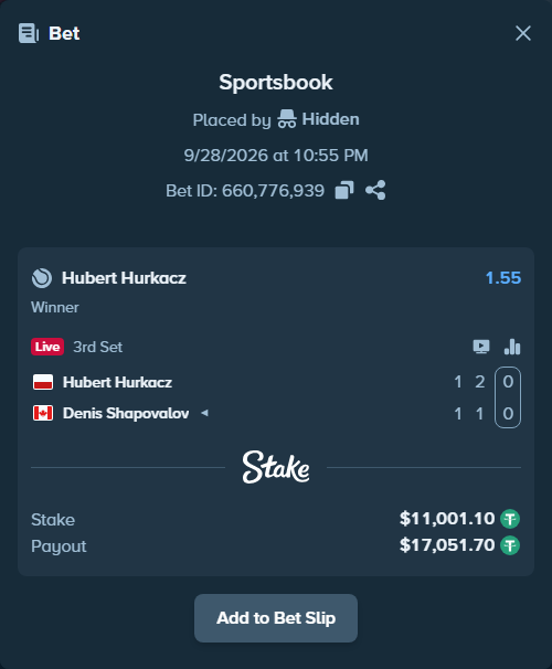 Bet slip: Hubert Hurkacz - Denis Shapovalov, $11,000.00 stake at 1.55 odds, placed by Hidden