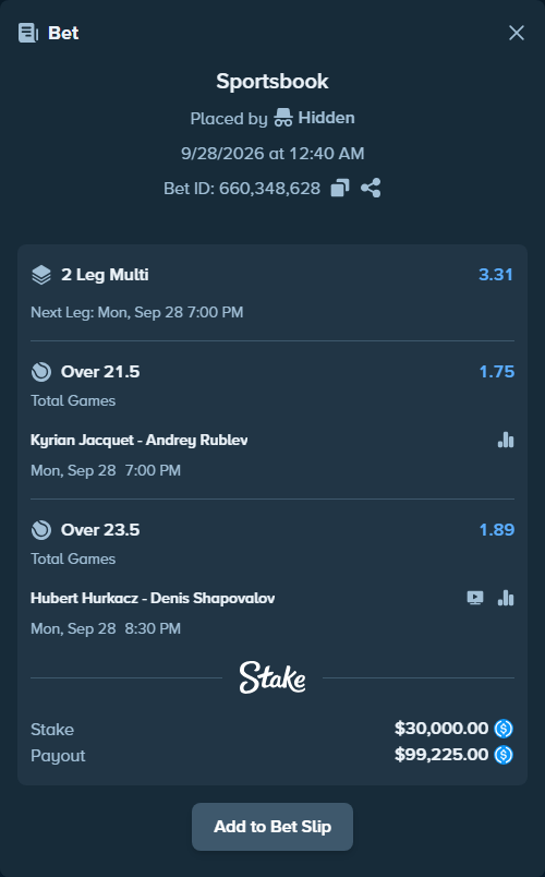 Bet slip: Hubert Hurkacz - Denis Shapovalov, $30,000.00 stake at 1.89 odds, placed by Hidden