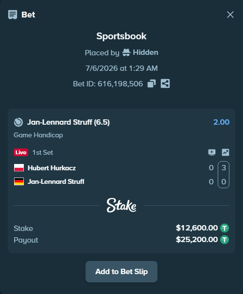 Bet slip: Hubert Hurkacz - Jan-Lennard Struff, $12,612.60 stake at 2.00 odds, placed by Hidden